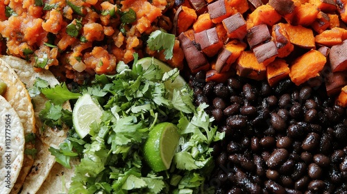 A plant-based taco bar featuring colorful fillings like black beans, roasted sweet potatoes, and fresh salsa. The vibrant display is inviting and full of flavor.  photo