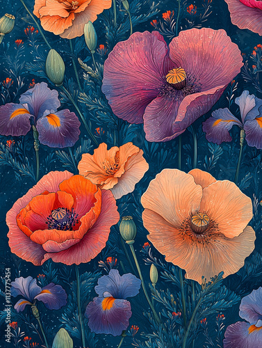 Vibrant Floral Pattern  Poppies   Irises