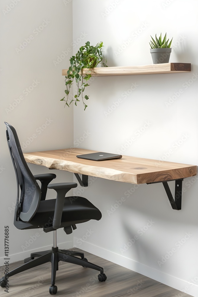 A minimalist home office with a floating wooden desk, a black task chair, and a single shelf holding a small plant. A minimalist home office with a floating wooden desk, a black task chair, and a single shelf holding a small plant.