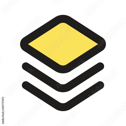 A stylized graphic featuring a yellow diamond layered on top of several dark shapes.