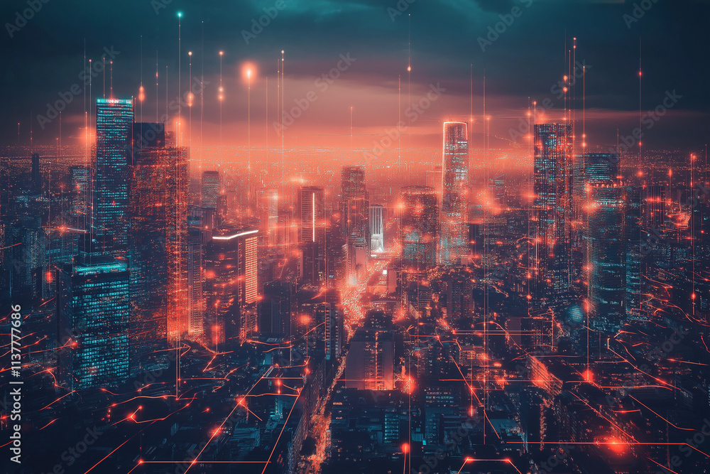 Fototapeta premium Futuristic high-tech city with advanced infrastructure, science fiction cityscape, fictional landscape created with generative AI
