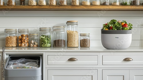 A serene kitchen environment showcasing reusable silicone food storage bags, neatly organized in a drawer next to a row of glass meal prep containers. A compost bin with an elegant, sleek design 