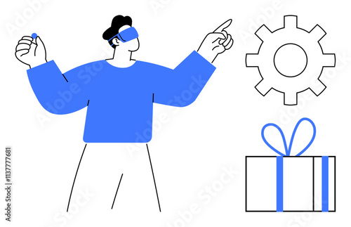Person wearing VR headset pointing to cogwheel, holding item, with gift box nearby. Ideal for technology, VR applications, gifts, innovation, celebration futuristic scenarios education. Line