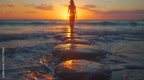 Woman walking on stepping stones at sunset ocean.