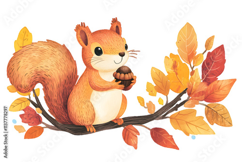 Cartoon Illustration of a cute squirrel holding an acorn on a branch with colorful autumn leaves. Perfect for autumn themes and children's materials isolated on white or transparent background


