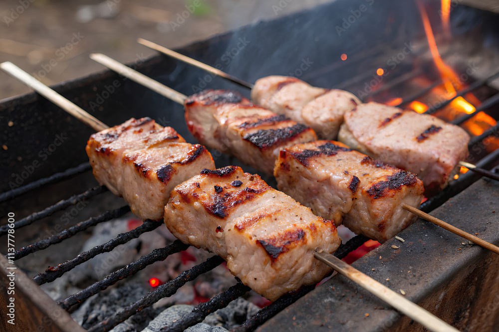 Pork being grilled on a barbecue Pork being grilled on a barbecue
