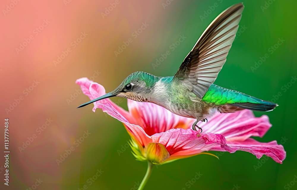 Fototapeta premium A vibrant hummingbird colibri near a flower in a tropical rainforest, capturing the beauty of nature and wildlife in action.