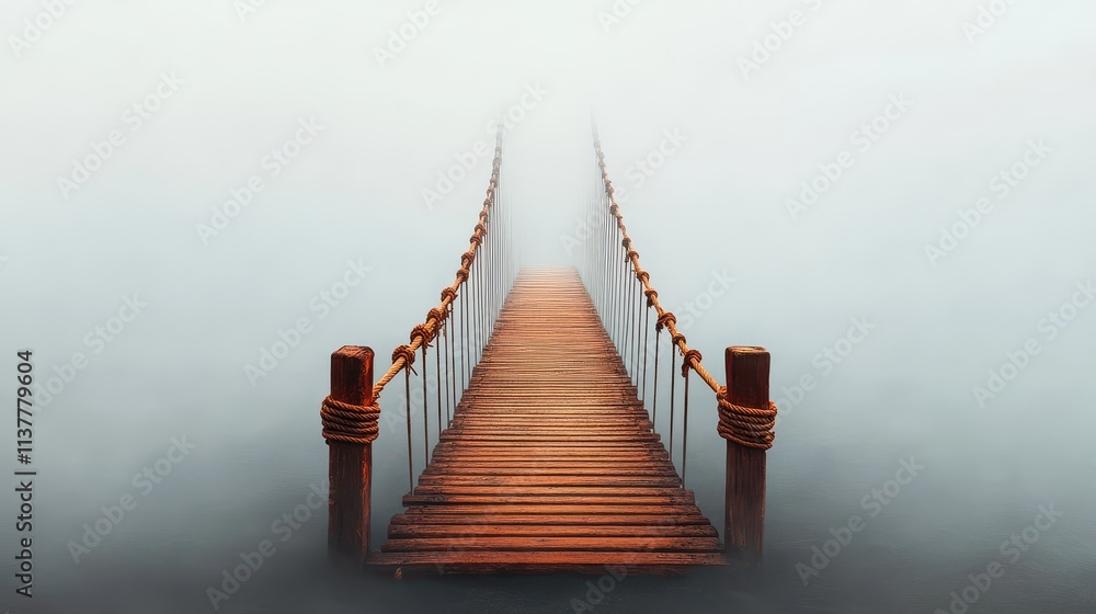 Fototapeta premium Serene wooden bridge disappearing into thick fog, capturing the peaceful mystique of a foggy landscape and a journey into the unknown.