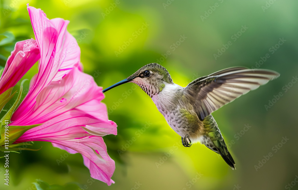 Fototapeta premium A vibrant hummingbird colibri near a flower in a tropical rainforest, capturing the beauty of nature and wildlife in action.