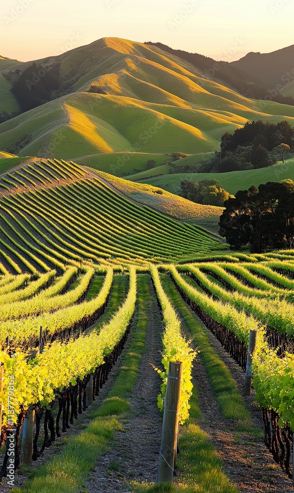 Fototapeta premium Rolling vineyard hills bathed in golden sunset light, showcasing rows of grapevines.