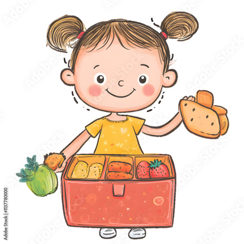 Cartoon illustration of a Smiling child proudly showing a lunchbox packed with nutritious snacks and food, promoting healthy eating habits for kids, white or transparent background

