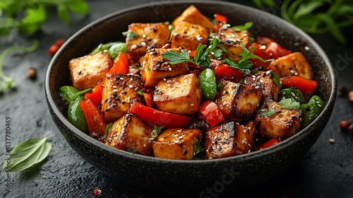 Sesame Glazed Tofu With Peppers and Herbs