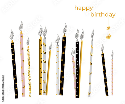 Happy Birthday card. Festive cake candles decorated with gold and silver glitter. Vector illustration photo