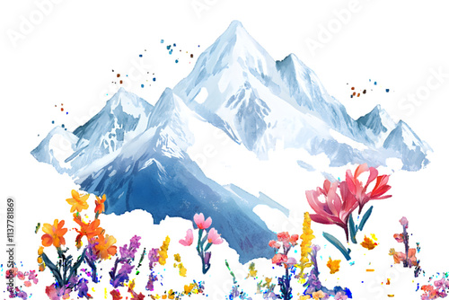 Vibrant illustration featuring snowy mountain peaks, colorful flowers, and clouds, capturing the beauty of nature, white or transparent background


