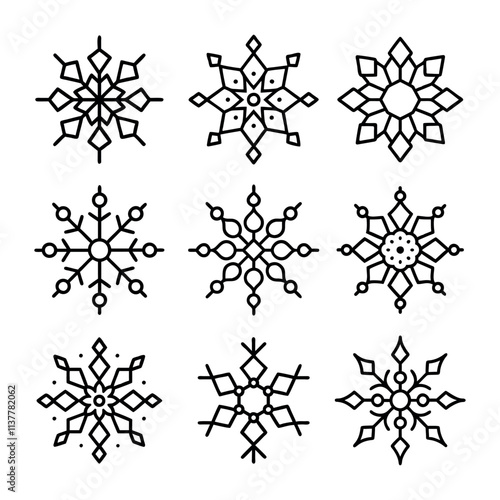 Set of Decorative Black Line Snowflakes, A collection of nine black line snowflake icons in different geometric designs on a white background, perfect for winter themes.