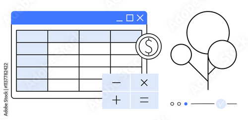 Spreadsheet with numeric data, calculator featuring basic math functions, and stylized growth chart. Ideal for financial analysis, budgeting, accounting, data management, investment planning, market
