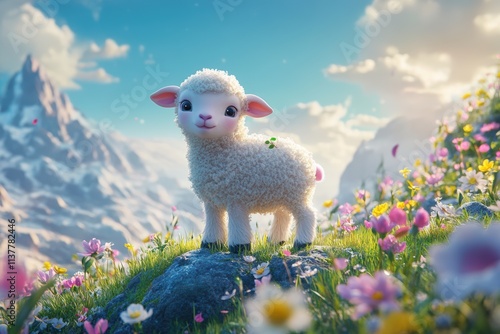 Adorable chubby lamb standing on a mountain among blooming flowers in a dreamy 3D cartoon landscape