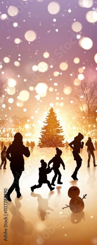 Joyful winter celebration with families and snowmen at a festive christmas market evening glow holiday spirit
