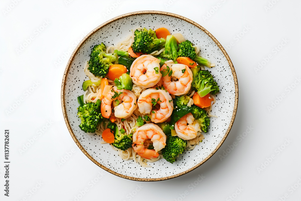 Shrimp Stir-Fry with Noodles and Vegetables on a Light Gray Plate Shrimp Stir-Fry with Noodles and Vegetables on a Light Gray Plate