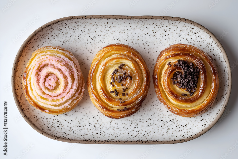 Fototapeta premium Three Colorful Spiral Pastries on a Speckled Plate
