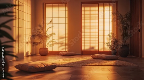 Serene Sunset in Minimalist Japanese-Style Room. photo