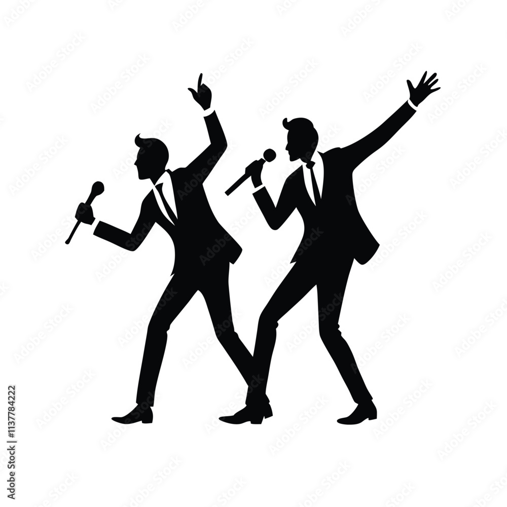 Fototapeta premium a black silhouette of two men dancing and singing into microphones.