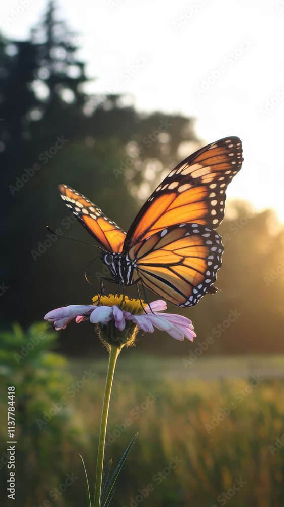 Obraz premium A vibrant orange butterfly perched delicately on a pink flower, basking in the golden glow of sunset, surrounded by lush greenery.