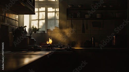 Atmospheric view of a gas stove flame flickering slightly in the shadows of a darkened kitchen photo