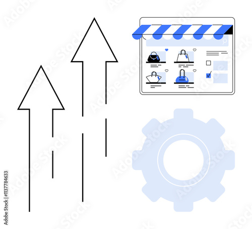 Online store interface with products, three upward arrows, and a large gear icon. Ideal for business growth, digital marketing, e-commerce solutions, technology integration, retail strategies, market