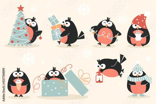 collection of New Year bullfinches in flat style
