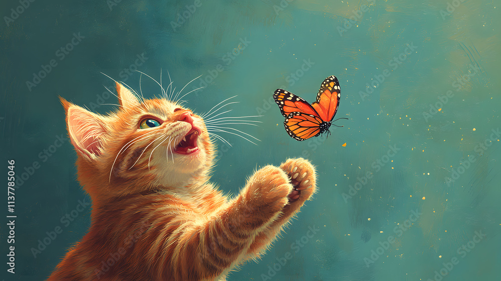 A quirky, exaggerated cartoon-style illustration of a cat trying to catch a butterfly in midair. The action is depicted in a series of exaggerated poses, with vibrant colors and playful lines creating