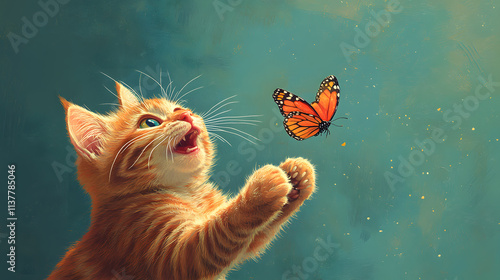 Obraz na płótnie A quirky, exaggerated cartoon-style illustration of a cat trying to catch a butterfly in midair. The action is depicted in a series of exaggerated poses, with vibrant colors and playful lines creating w salonie
