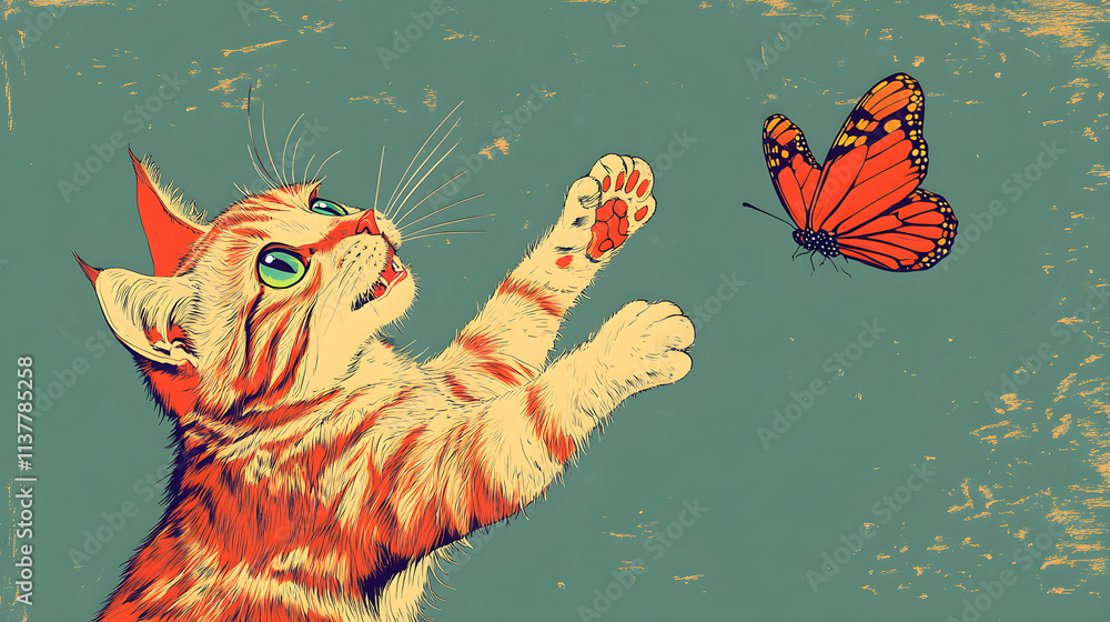 A quirky, exaggerated cartoon-style illustration of a cat trying to catch a butterfly in midair. The action is depicted in a series of exaggerated poses, with vibrant colors and playful lines creating