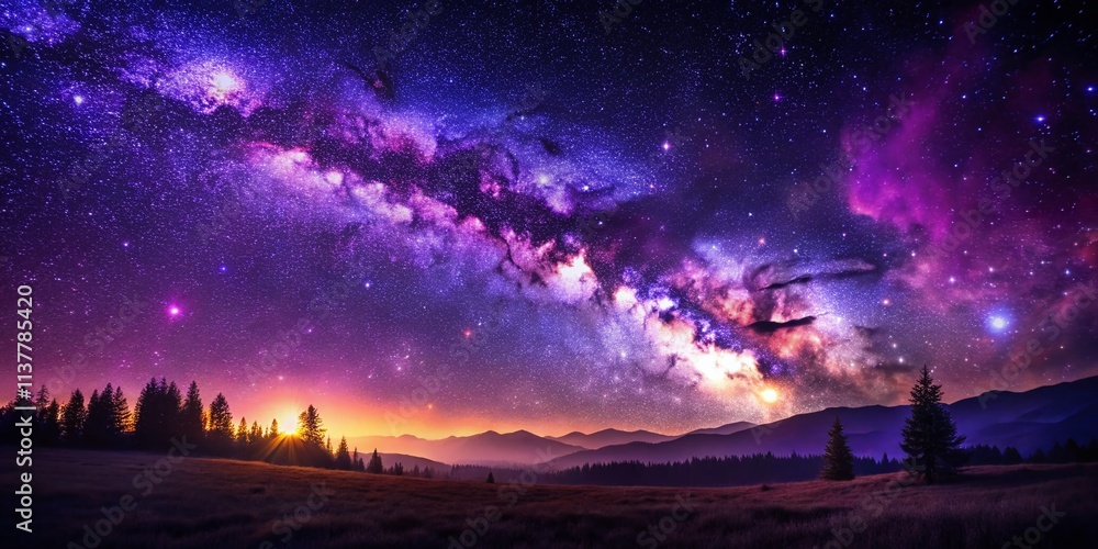 Obraz premium Purple Starry Night Sky Photography: Celestial Wonders, Galactic Nebula, Cosmic Landscape, Night Photography