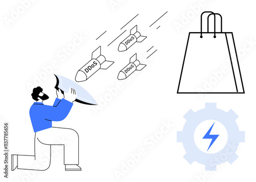 Man deflecting DDoS attacks with a shield, bomb illustrations labeled DDoS, shopping bag, gear with lightning bolt. Ideal for cybersecurity, online shopping, IT security, data protection, risk