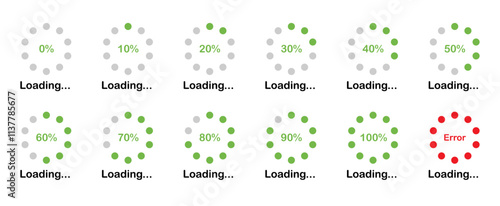 Loading progress bar icon in green color.  Percentage loading bar infographic icon set from 0-100%. Set of percentage loading. Collection of Loading status. Loading indicator set. Download process.   