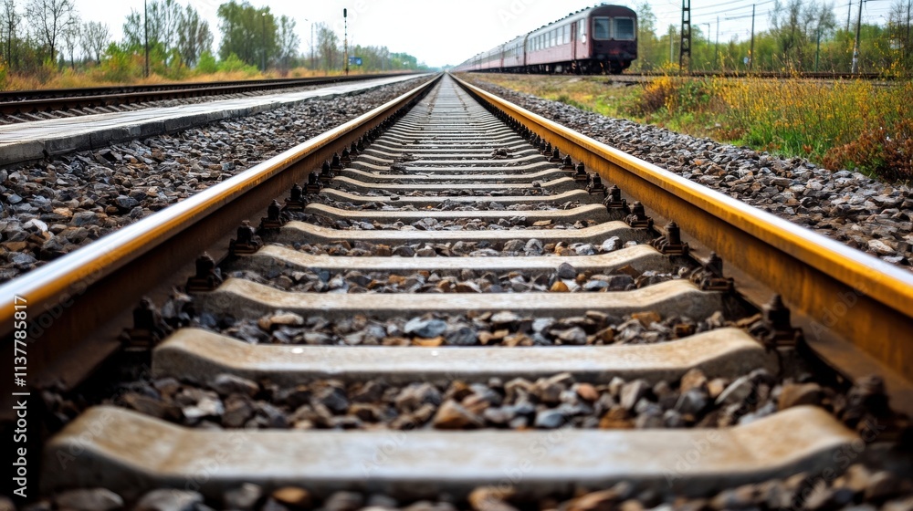 Fototapeta premium Railroad Tracks Leading To A Distant Train