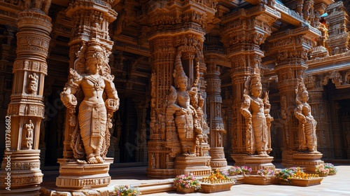 Exploring a grand temple courtyard adorned with divine statues and vibrant floral offerings under sunlight photo