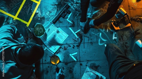 Forensic Precision - Overhead View of Crime Scene with Evidence Markers and Magnifying Glass, Under Stark Forensic Lighting photo