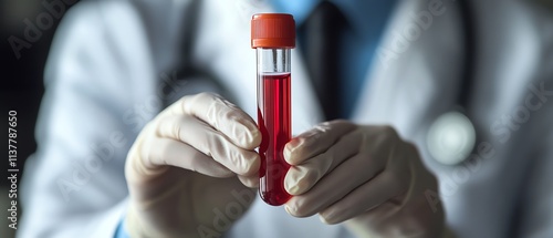 Doctor holding a bloodfilled test tube, with a backdrop of medical technology and innovation, showcasing advancements in health care, space for text photo