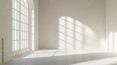 3D rendering of an empty room with white walls and a window. Bright sunlight shines through the window  creating shadows on the floor.