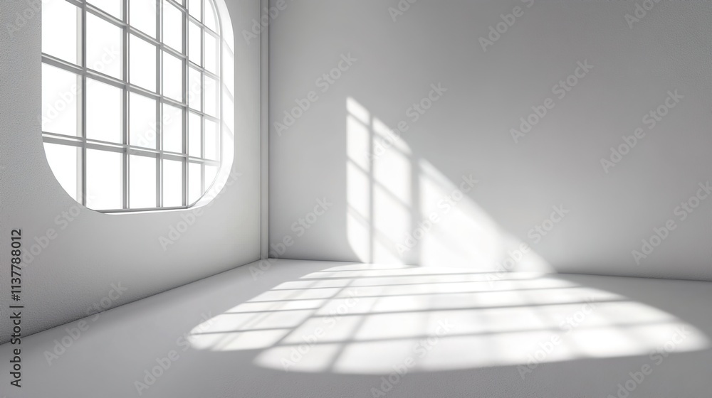 Fototapeta premium 3D rendering of an empty room with white walls and a window. Bright sunlight shines through the window, creating shadows on the floor.