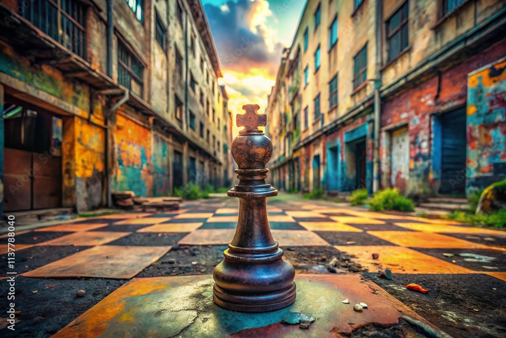Naklejka premium Realistic 3D Render of a Chess Piece Set Against an Urban Exploration Background Featuring Vibrant Street Art and Abandoned Buildings for a Unique Contrast in Composition