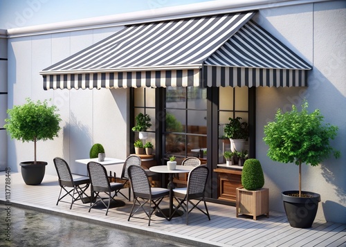 Realistic Black and White Striped Awning and Market Umbrella for Cafe and Restaurant Showcase, Featuring Stylish eGaming Chairs and Elegant Canopy Designs photo