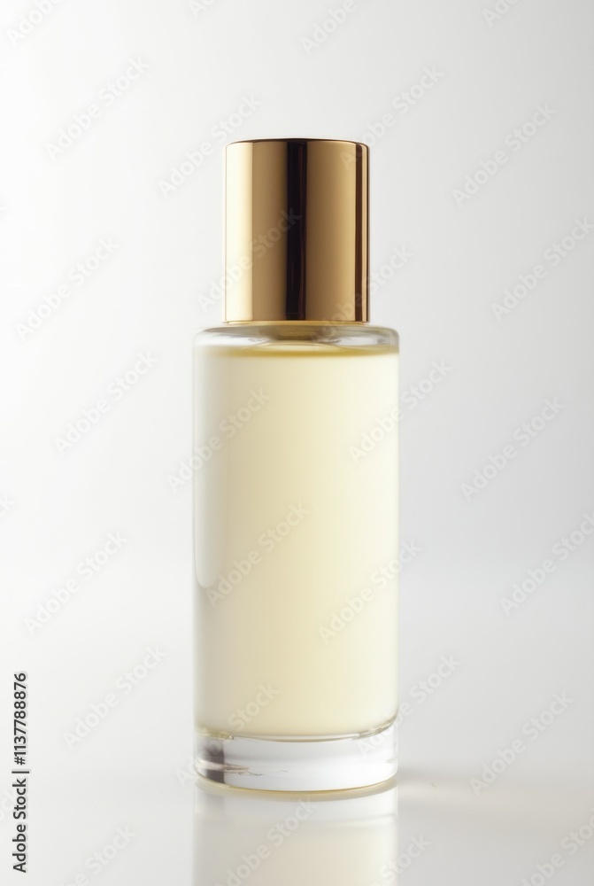 High-End Glass Skincare Bottle with Gold Cap on White Background High-End Glass Skincare Bottle with Gold Cap on White Background