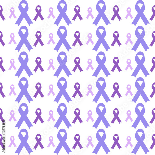 Purple ribbon in seamless pattern for world cancer day. Vector illustration, background, wallpaper, paper, banner, textile, fabric. Isolated on white.