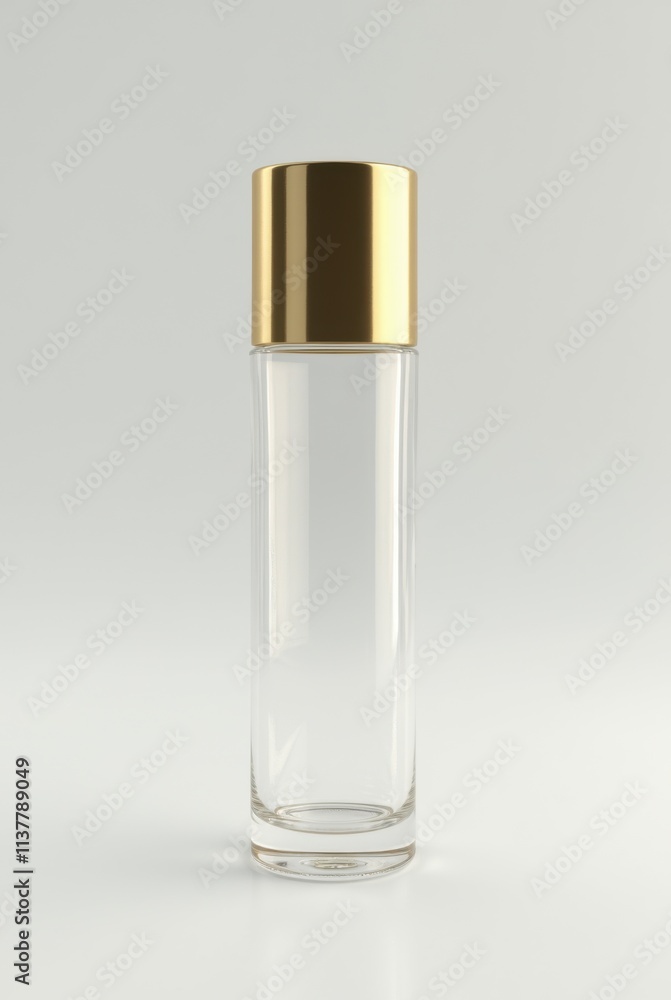 High-End Glass Skincare Bottle with Gold Cap on White Background High-End Glass Skincare Bottle with Gold Cap on White Background