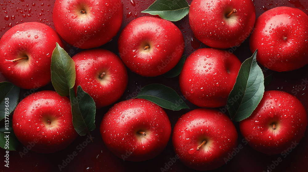 Many ripe juicy red apples covered with water drops as background