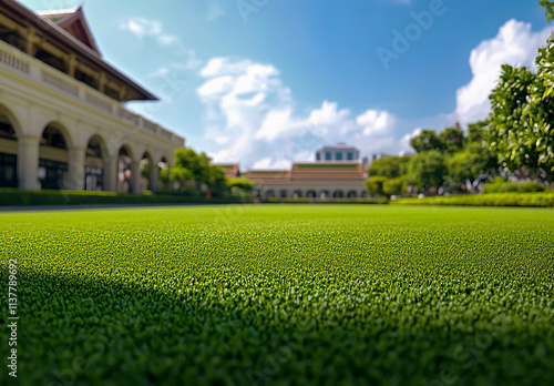 A green lawn stretches in front of the royal palace, surrounded by elegant architecture and vibrant gardens. photo