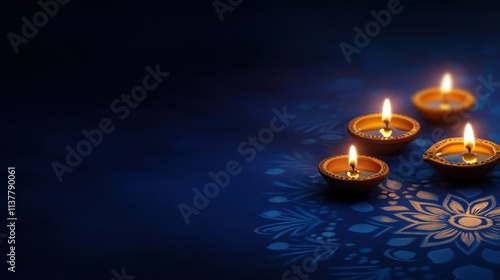 An elegant and serene Diwali scene with glowing oil lamps and intricate rangoli designs against a dark blue background, close-up shot, Minimalist style photo